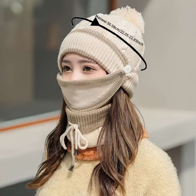 1pc Mask Hat Scarf Women's Autumn and Winter Knitted Hat Thickened and Fleece Warm Ear Protect