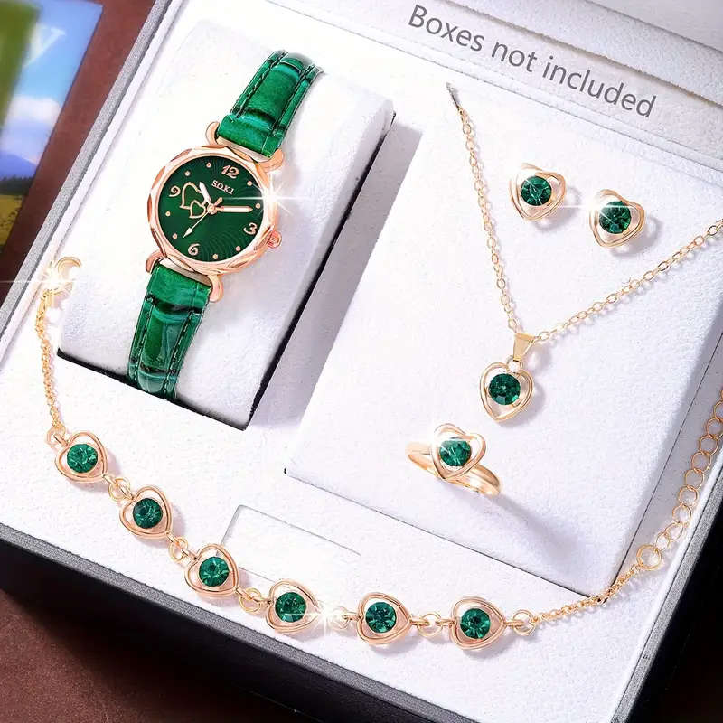 1pc Ladies Fashionable Casual Quartz Watch with Peach Shaped Dial and 5pcs Heart Necklace Earrings