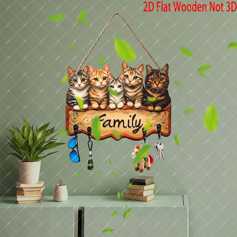 1pc Rustic Wooden "Family" Key Holder with Charming Cat IllustrationsBohemian Style Wall-Mounted