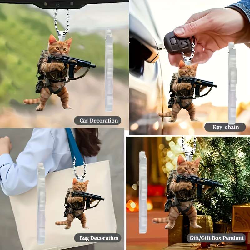 1pc 2D Flat  Acrylic Cool Cat Pendant Tactical Camo Costume Backpack Keychain Decoration Uniq