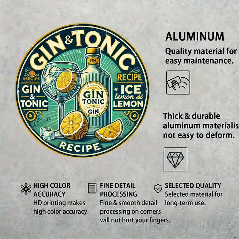 1pc Vintage Cheers Gin Tonic 20.32x20.32cm Round Metal Sign Durable Aluminum Wall Art with Vibrant G