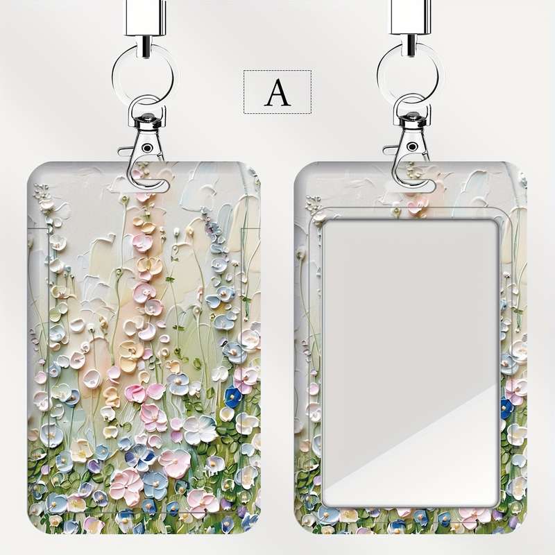 1pc JIT Floral Badge Holder with Lanyard Dual Card Slot Transparent Plastic Protective Insert Sh
