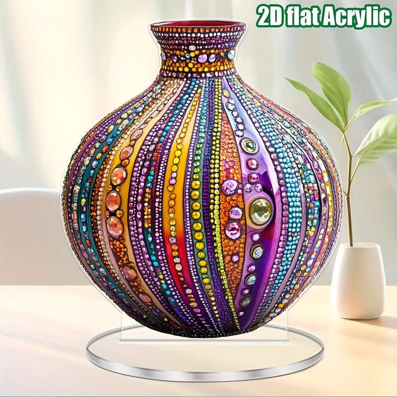 1pc 2D Flat   Bohemian Style  Acrylic Vase Decor Colorful Beaded Design with Rhinestones G