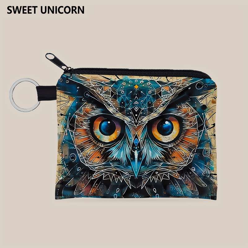 1pc SWEET Owl Print Zipper Pouch Lightweight Multifunctional Small Purse with Keychain Coin
