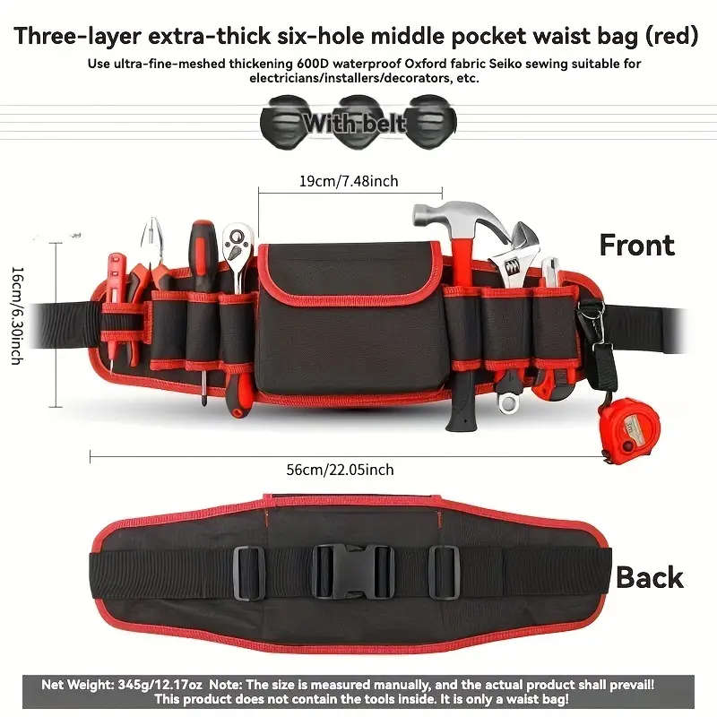 1pc Multi-Function Oxford Cloth Tool Waist Bag for Electricians Durable Waterproof with Multiple Poc