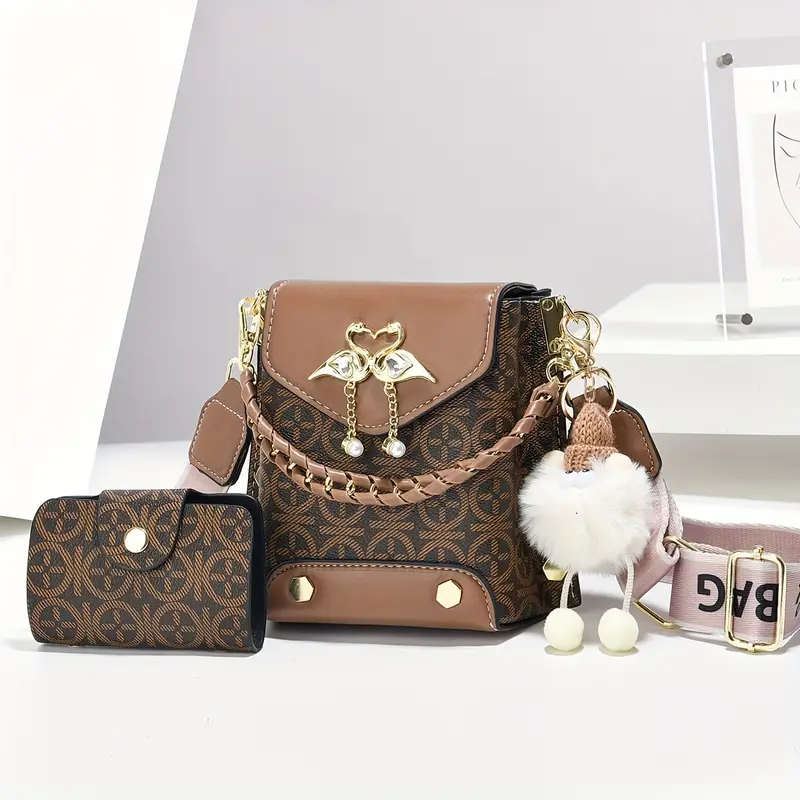 2piece Set of Fashion Mini Mobile Phone Bags with Print Shoulder Bags and Trendy Crossbody Bags