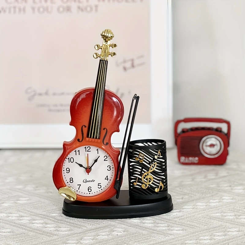 1pc Charming Violin-Shaped Alarm Clock with Pen Holder Creative Musical Instrument Design Battery-Op