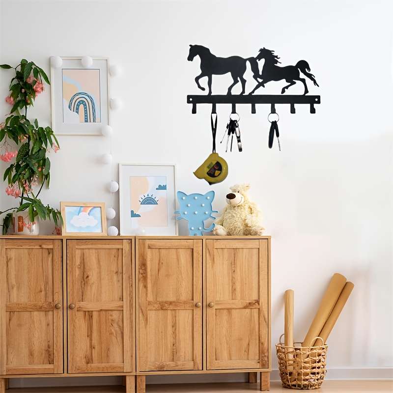 1pc Double Horse Wall Decor Hooks Metal Artistic Key Holder Rack Multipurpose Hanging Storage for