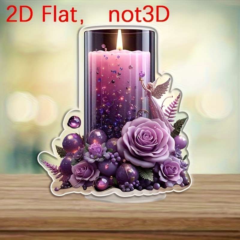 1pc 2D Flat  Purple Acrylic Candle Decor with Angel Roses Romantic  Design for Home Offi
