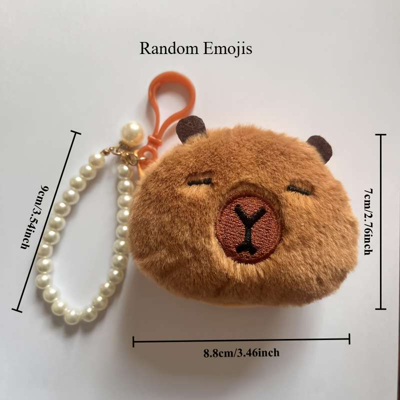 1pc Cute Capybara Round Plush Coin Purse with Keychain Adorable Brown Faux Fur Keychain Wallet P