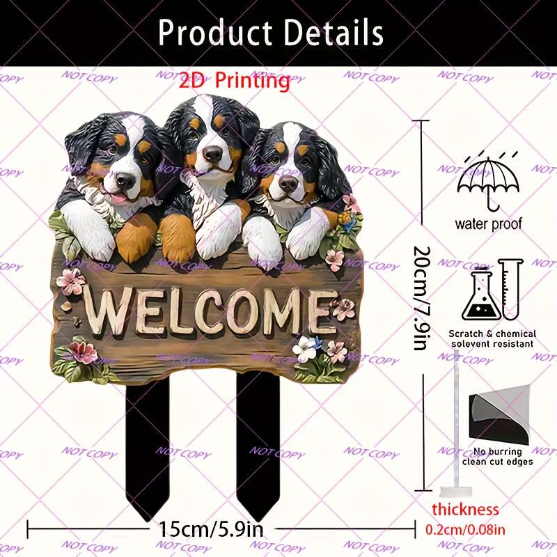 1pc 2D Flat  Printing Acrylic Bernard Mountain Dog Welcome Sign Garden Stake Suitable for Flowerpot