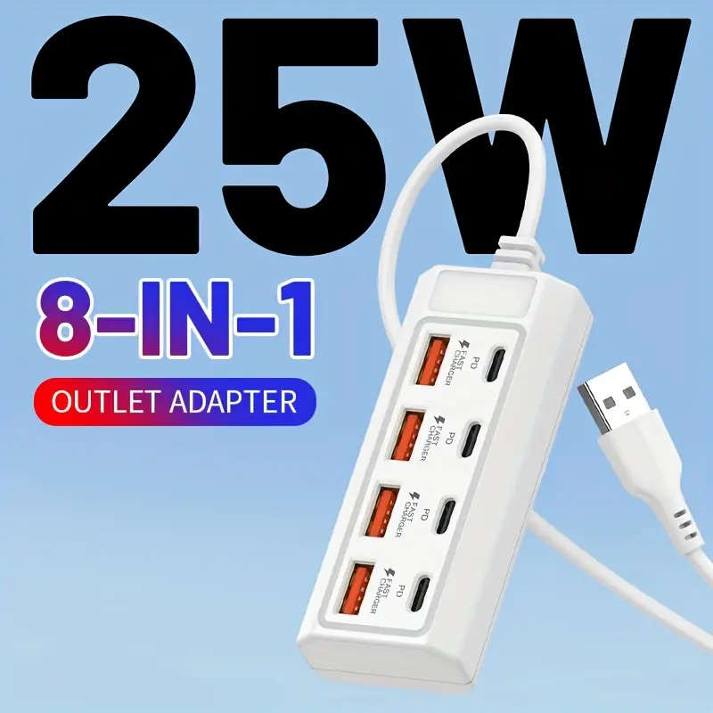 1pc 8Port USB to 4 USB 4 Type-C 25W Hub Multi-Port Fast Charging Compatible with 5V USB Devices Incl