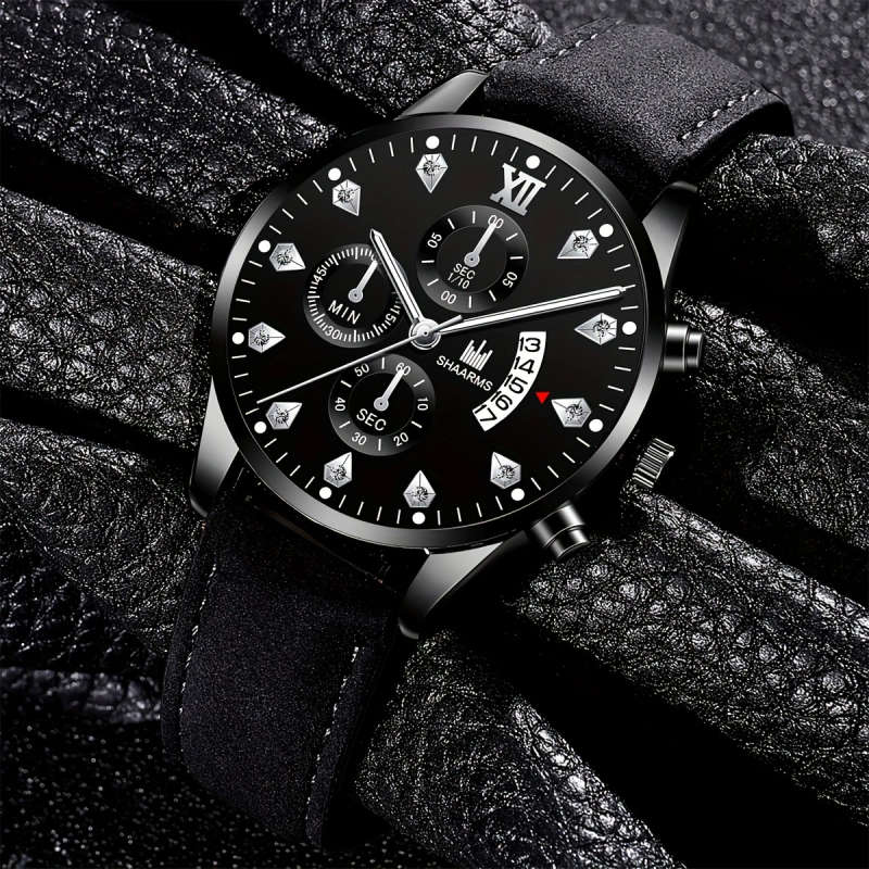 1pc Men's Classic Sport Quartz Watch with Calendar Round Dial Faux Leather Strap Alloy Case Perfect