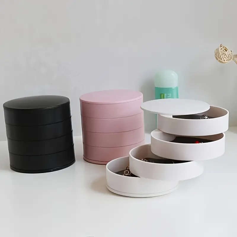 1pc Glam Style Rotating Jewelry Organizer Multi-Layer Tabletop Storage with Lid Round Plastic Deskto