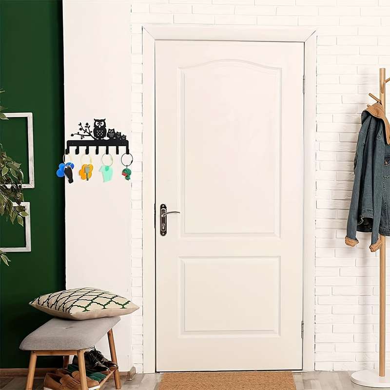 1pc Owl-Themed Metal Key HolderContemporary Black Wall-Mounted Rack with 5 Hooks for Easy Organiz