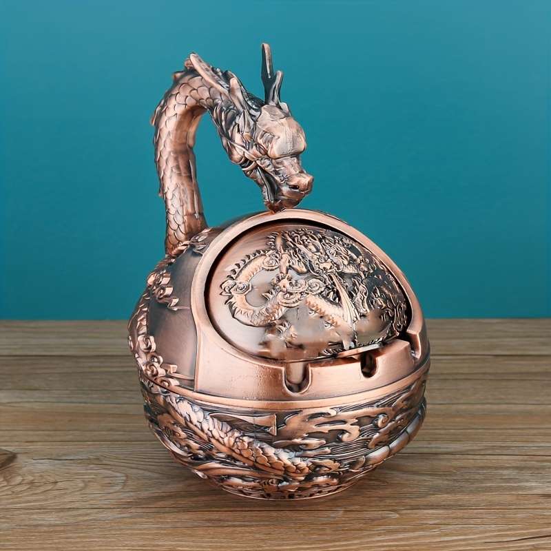 1pc Vintage Dragon Metal Ashtray with Lid Creative Spherical Design Anti-Fly Ash Animal Theme H