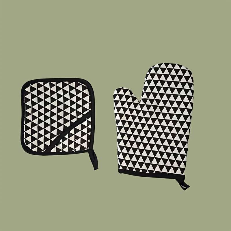 2pcs Checkered Linen Kitchen Mitts + Pot Holders 500C Heat Resistant Ideal for Microwave