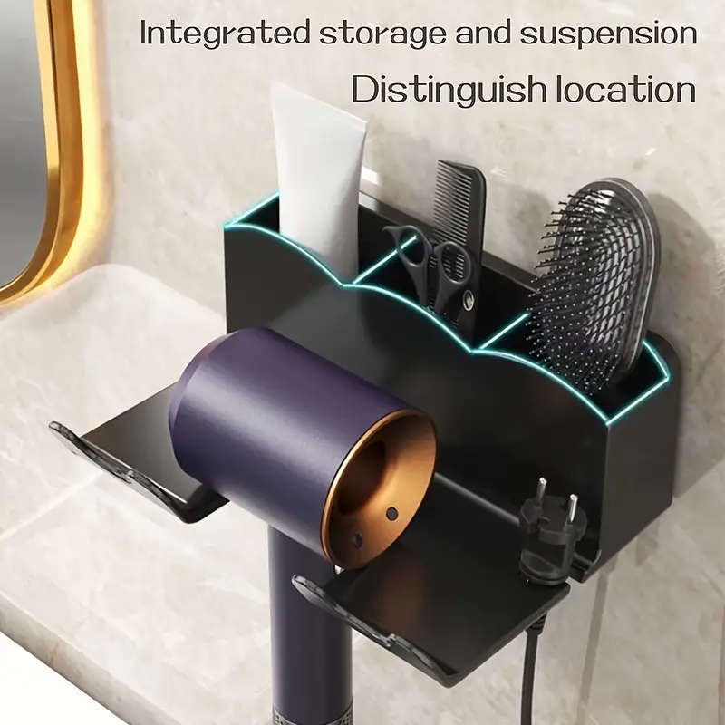 1pc Wall-Mounted Hair Dryer Holder with Storage Shelf Plastic Hanging Shelf for Bathroom No-Drill In
