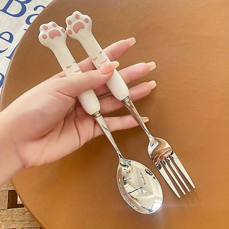 1pc Cat Claw Design Stainless Steel Cutlery Setm Cute Cat's Paw Cutlery Set with Storage Box
