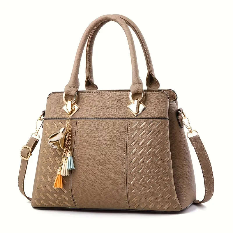 Elegant Embroidered Tote Bag with Tassel Charm Vintage Soft Faux Leather Versatile Crossbody Shoulde