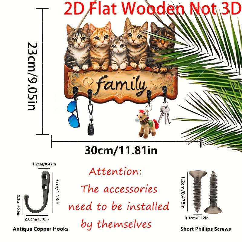 1pc Rustic Wooden "Family" Key Holder with Charming Cat IllustrationsBohemian Style Wall-Mounted