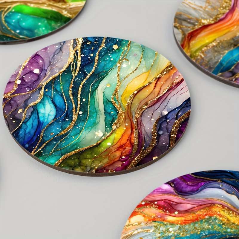 4pcs Rainbow Marble Pattern Wooden Trivet Placemats Heat Resistant Pot Holders Multipurpose