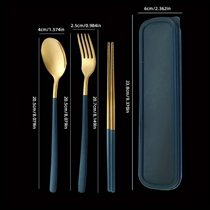 Set Of 4 Stainless Steel Portable Cutlery Including Fork Spoon And Chopsticks With A Reusab