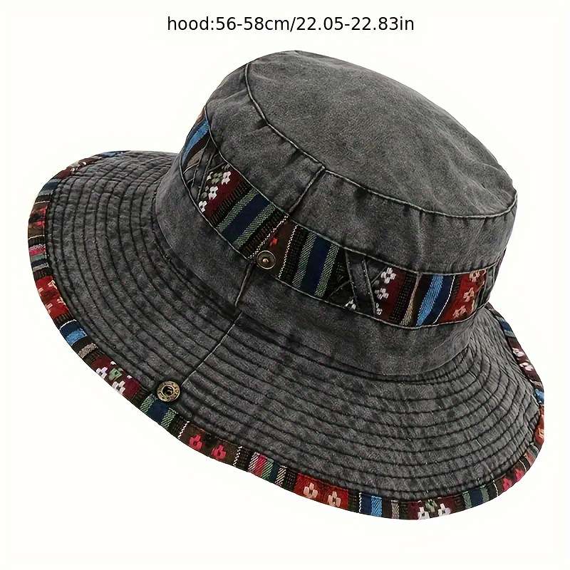 1pc Vintage Colorful Brim Boonie Hat for Women Sporty Woven Sun Hat with Adjustable Chin Strap G