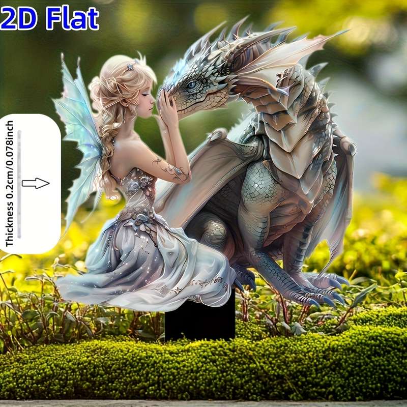 1pc 2D Flat   Charming Fairy and Dragon Garden Stakes Weatherproof Acrylic Outdoor Decor