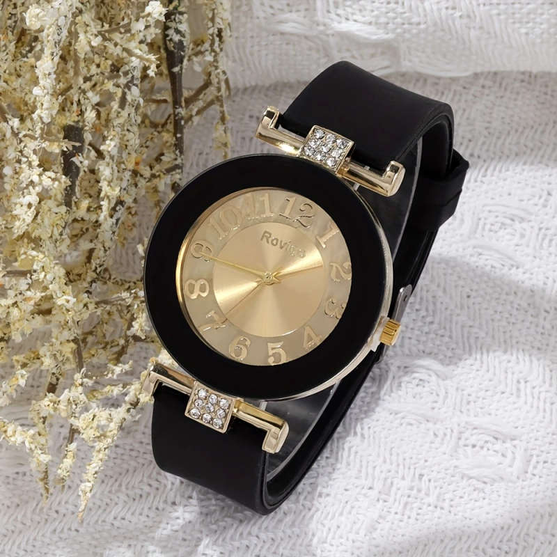 2pcs Elegant Women'S Quartz Watch Bracelet Set Black Golden Middle Eastern Calligraphy Design Classi