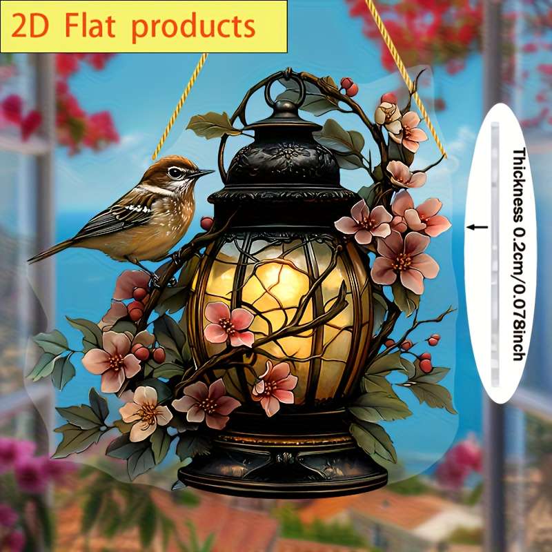 1pc 2D Flat   Acrylic Sparrow and Lantern Sun Catcher Rustic Wall Hanging Decor with Pink Flowe