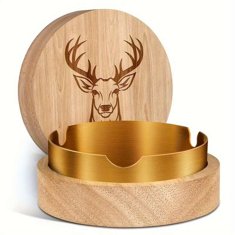 1 Oak Deer Head Pattern Ashtray Creative Fly Ash Ashtray With Lid Home Office Car Wooden Asht