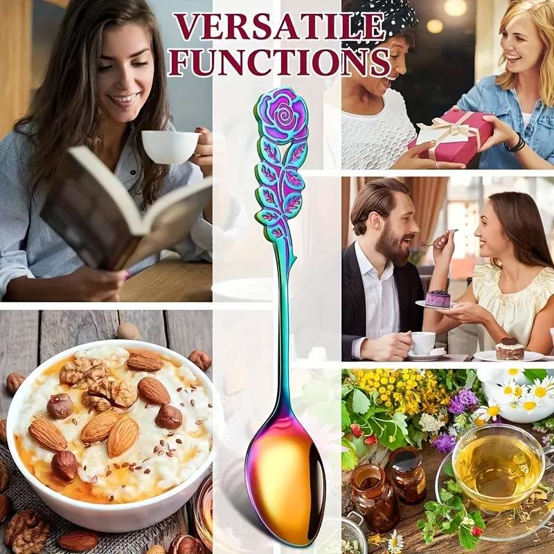 6pcs set stainless steel colored coffee spoon elegant Rose Flower design durable metal Teasp
