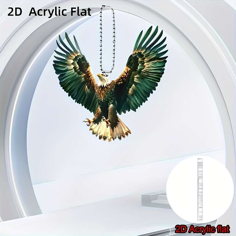 1pc 2D Flat   Acrylic Flat Eagle Car Dangling Ornament Realistic 3D Design with Green and Gold