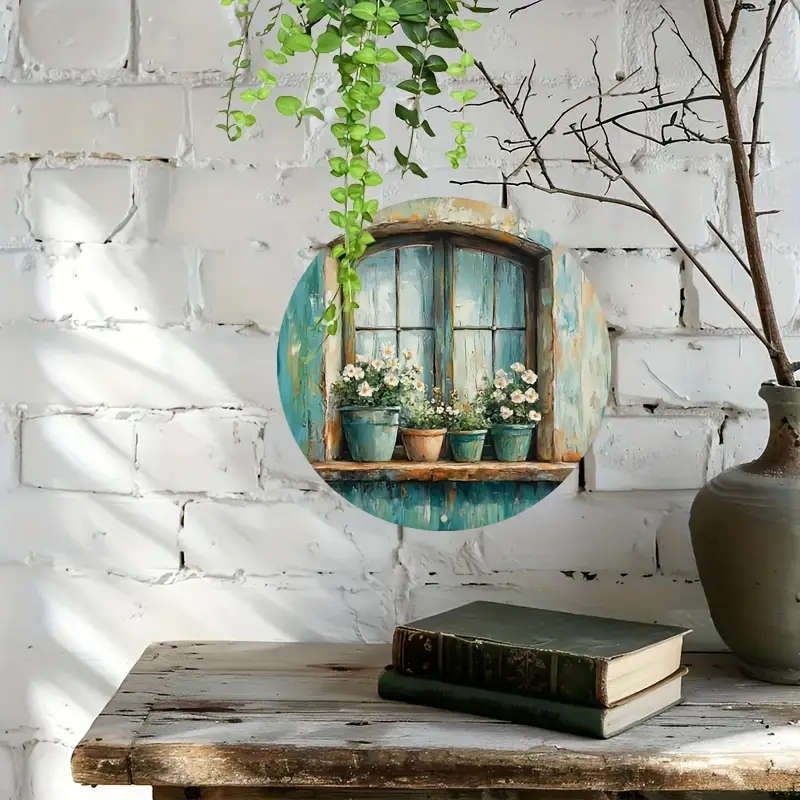1pc 2D Tin Sign Window With Flowers In Pots Retro Aluminum Circular Metal Sign Metal Wreath Sign Ret