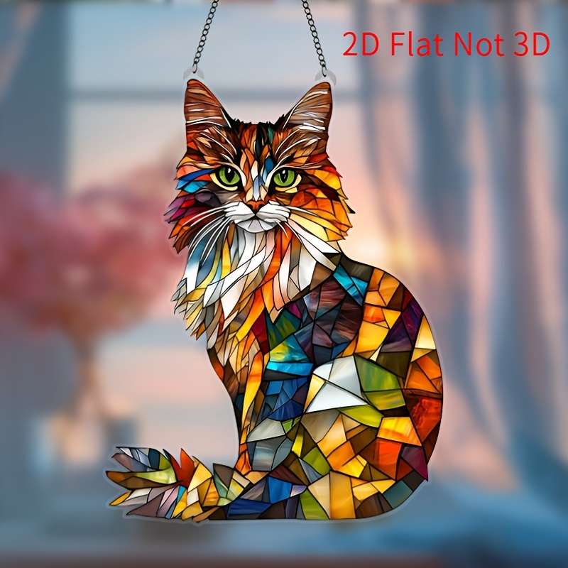 1pc 2D Flat   Acrylic Colorful Long-Haired Cat Sun Catcher 6.2x8 Inches Vibrant Mosaic Wall Ar