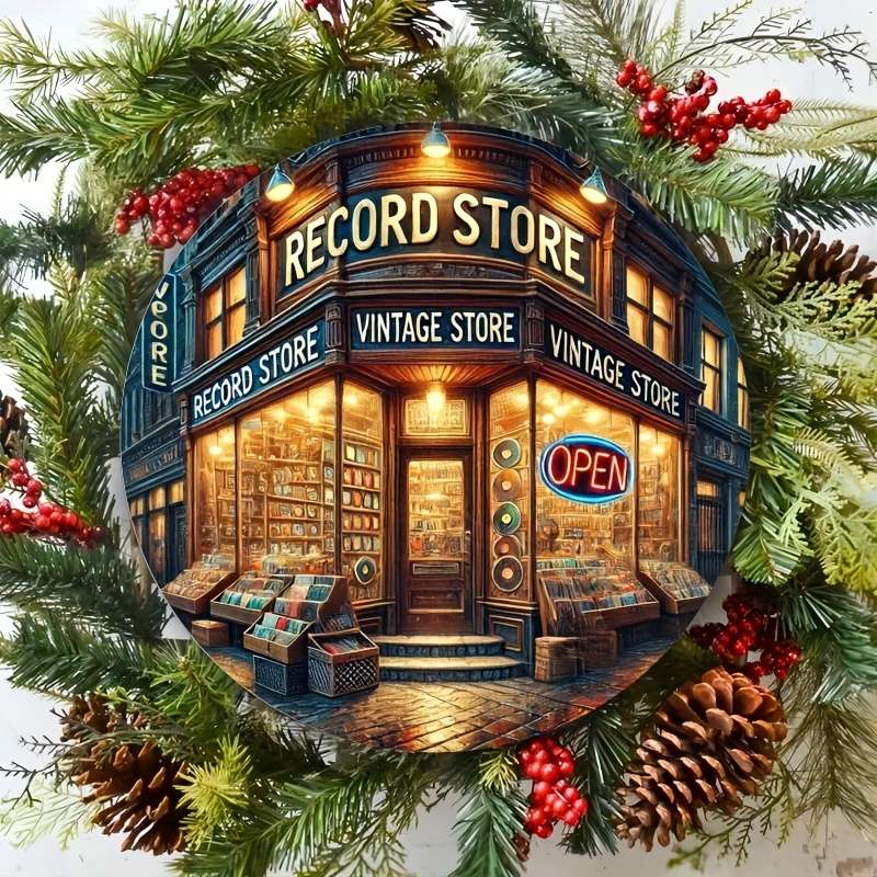 1pc Vintage Record Store Metal Sign 19.81x19.81 cm Round Aluminum Wall Art Retro Decor for Home