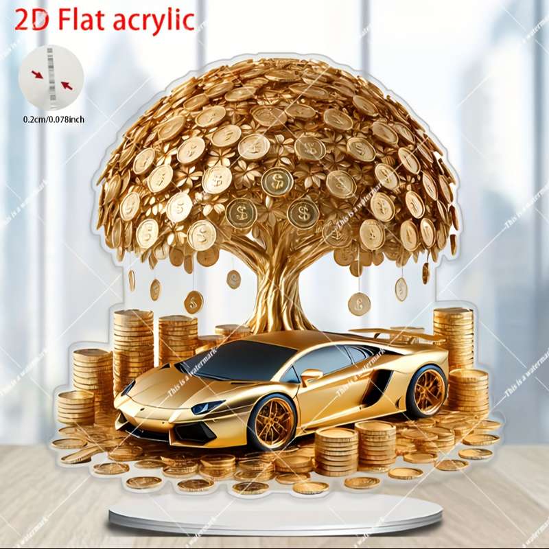 1pc 2D Flat  Acrylic Golden Tree Car Wall Art Bohemian Style  Design No Battery Needed