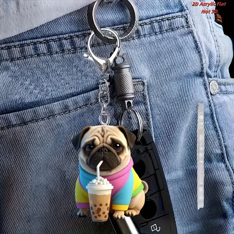 1pc 2D Flat  Acrylic Pug Keychain with Boba Tea Dual-Sided Cartoon Dog Charm 5cm 1.94 Inches I