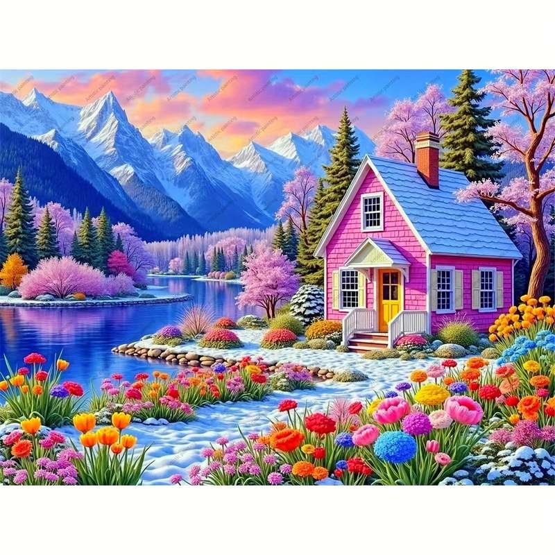 1000pcs Jigsaw Puzzle Serene Pink Cottage Landscape with Vibrant Flowers Snowy Mo