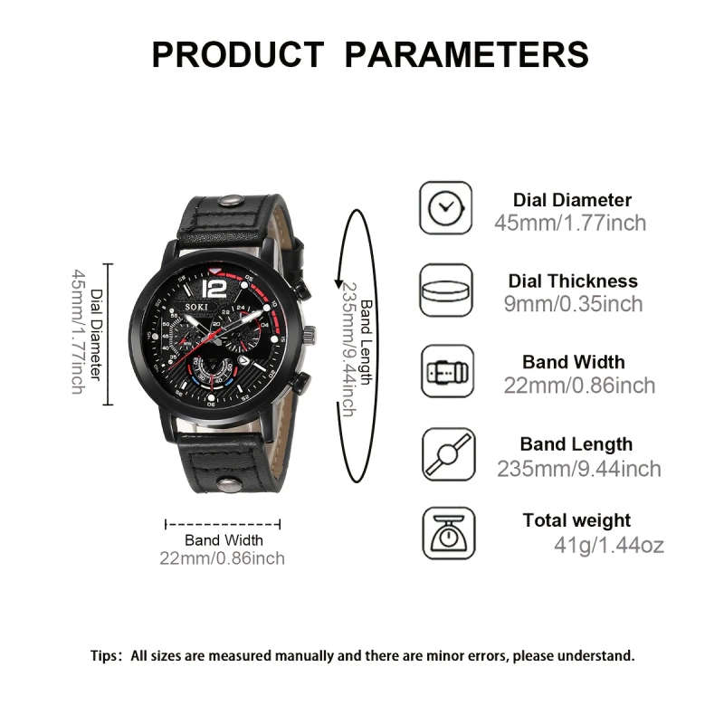 2pcs set Men's Quartz Watch SOKI Brand Casual Style with Large Numeric Dial Calendar Function Black