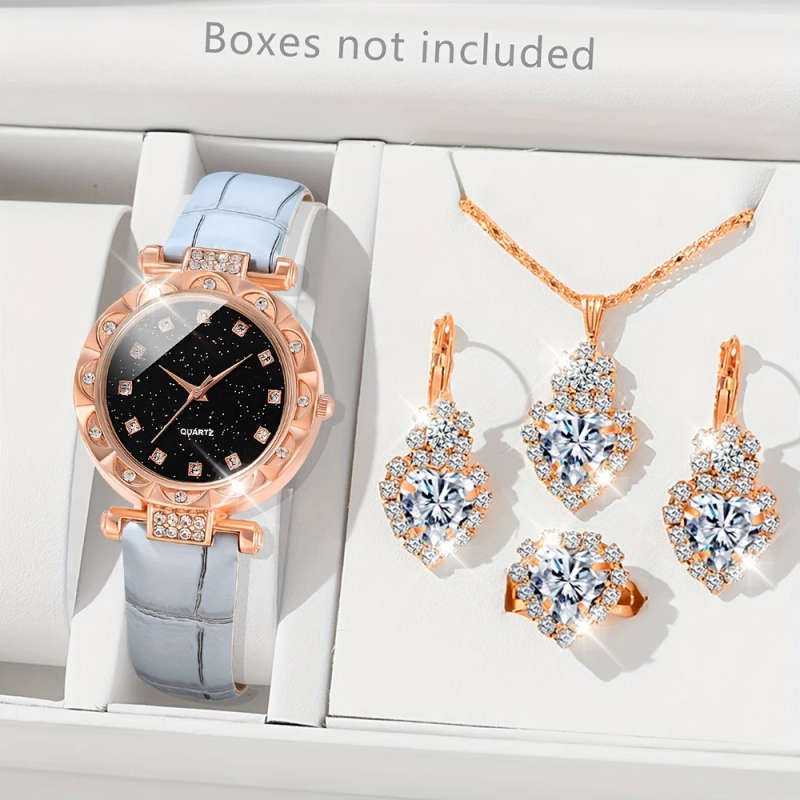 5pcs set Women's Quartz Watch Set Elegant Chic Shiny Rhinestones PU Leather Perfect Gift