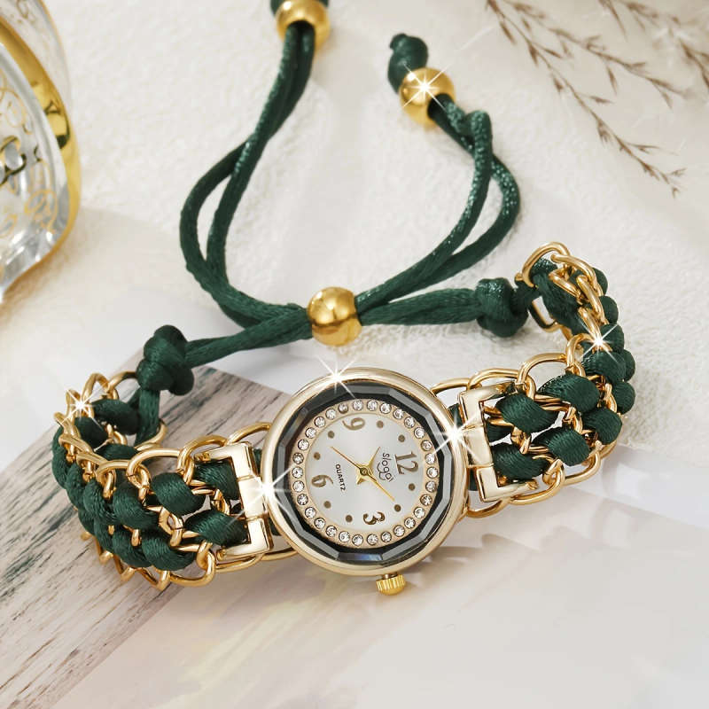 1pc Rhinestone-Inlaid Dial Adjustable Braided Cord Durable Quartz Movement Ladies' Wristwatch Fashio