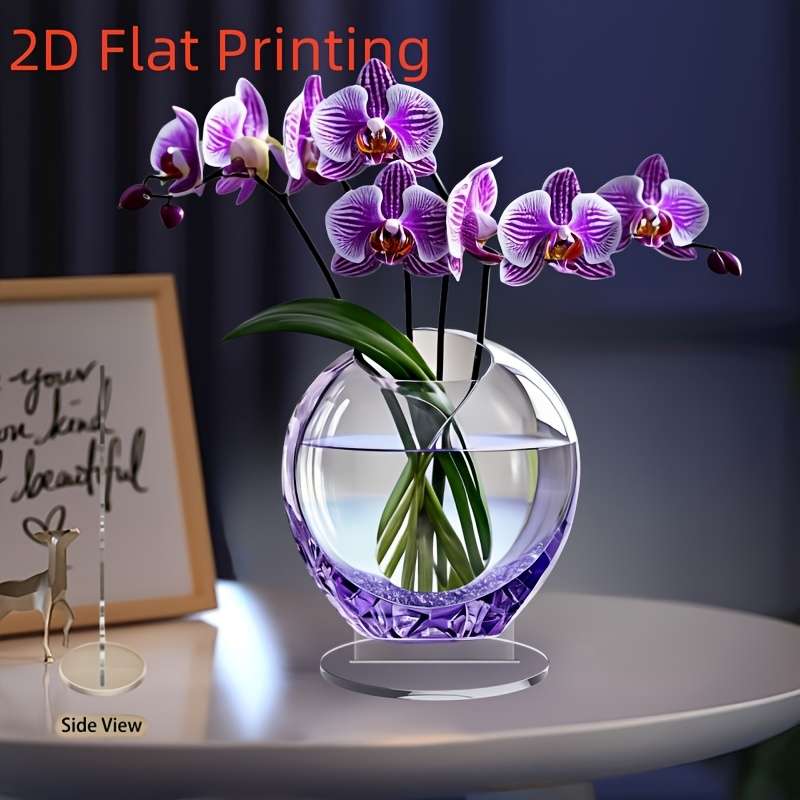 1pc 2D Flat -Printed Purple Orchid Acrylic Floral Decor with Crystal Glass Effect No Electricity N