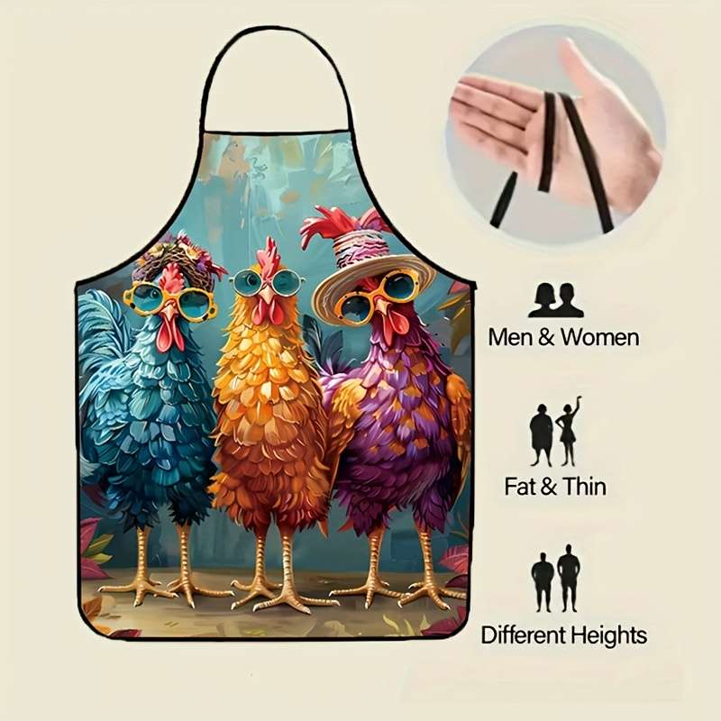 1pc Colorful Chicken Pattern Kitchen Apron   100% Polyester   Whimsical Rooster Design with Fashion