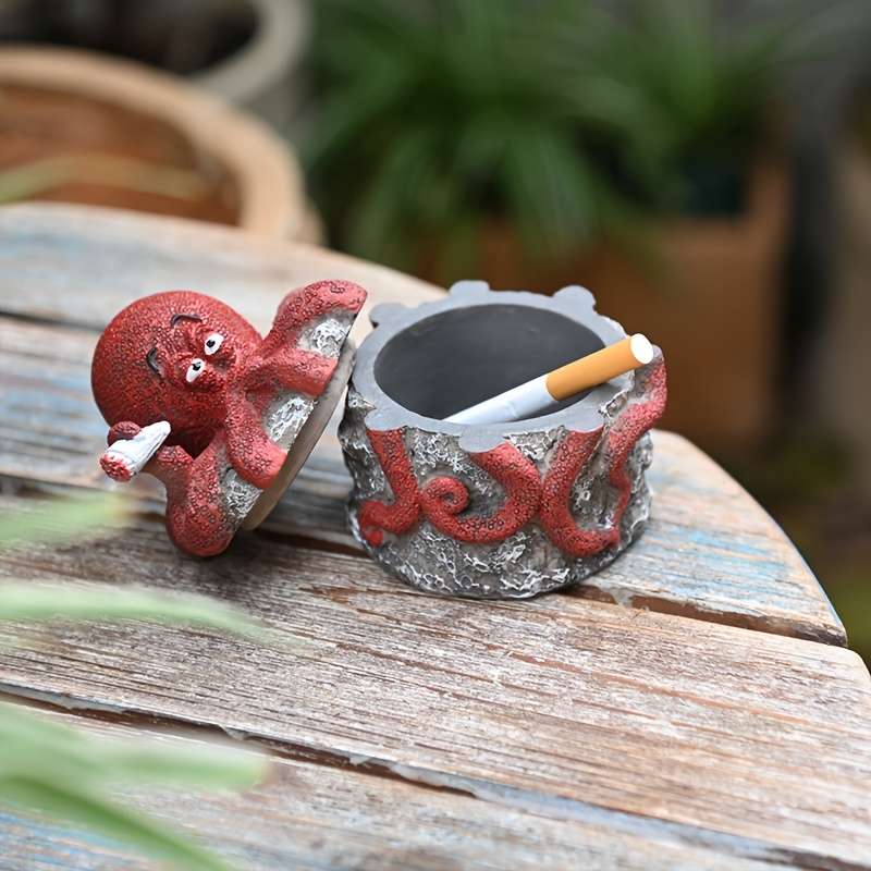 1pc Whimsical Octopus Statue with Lid Windproof Resin Ashtray for Indoor Outdoor Decor Perfect f