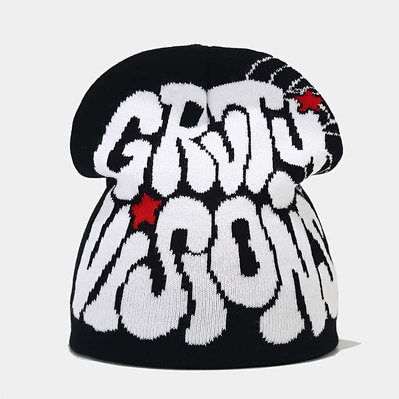 1pc Unisex Acrylic Y2K Hip-Hop Knit Beanie Elastic Skull Cap with Letter Jacquard Warm Ski