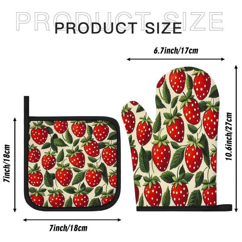2pcs Vintage Strawberry Kitchen Mitts Pot Holders Set Heat Resistant Microwave Gloves Pa