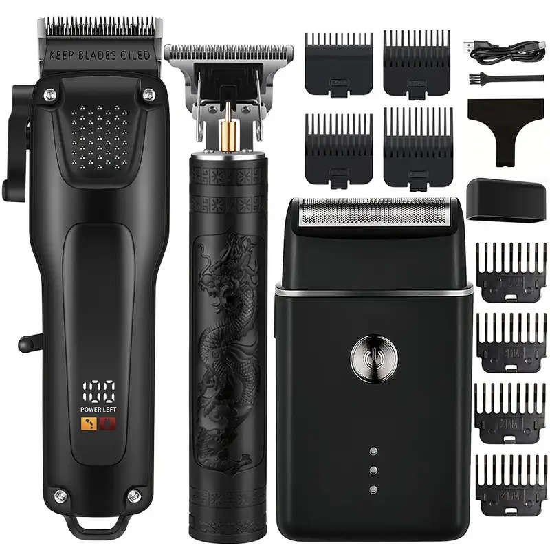 3pcs Men'S Professional Hair Beard Grooming Kit Cordless Clippers with LED Display Precision Trimmer