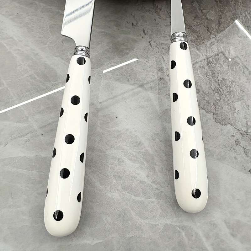 4pcs Stainless Steel Cutlery Set with Polka Dot Ceramic Handles Includes Knife Fork Spoon
